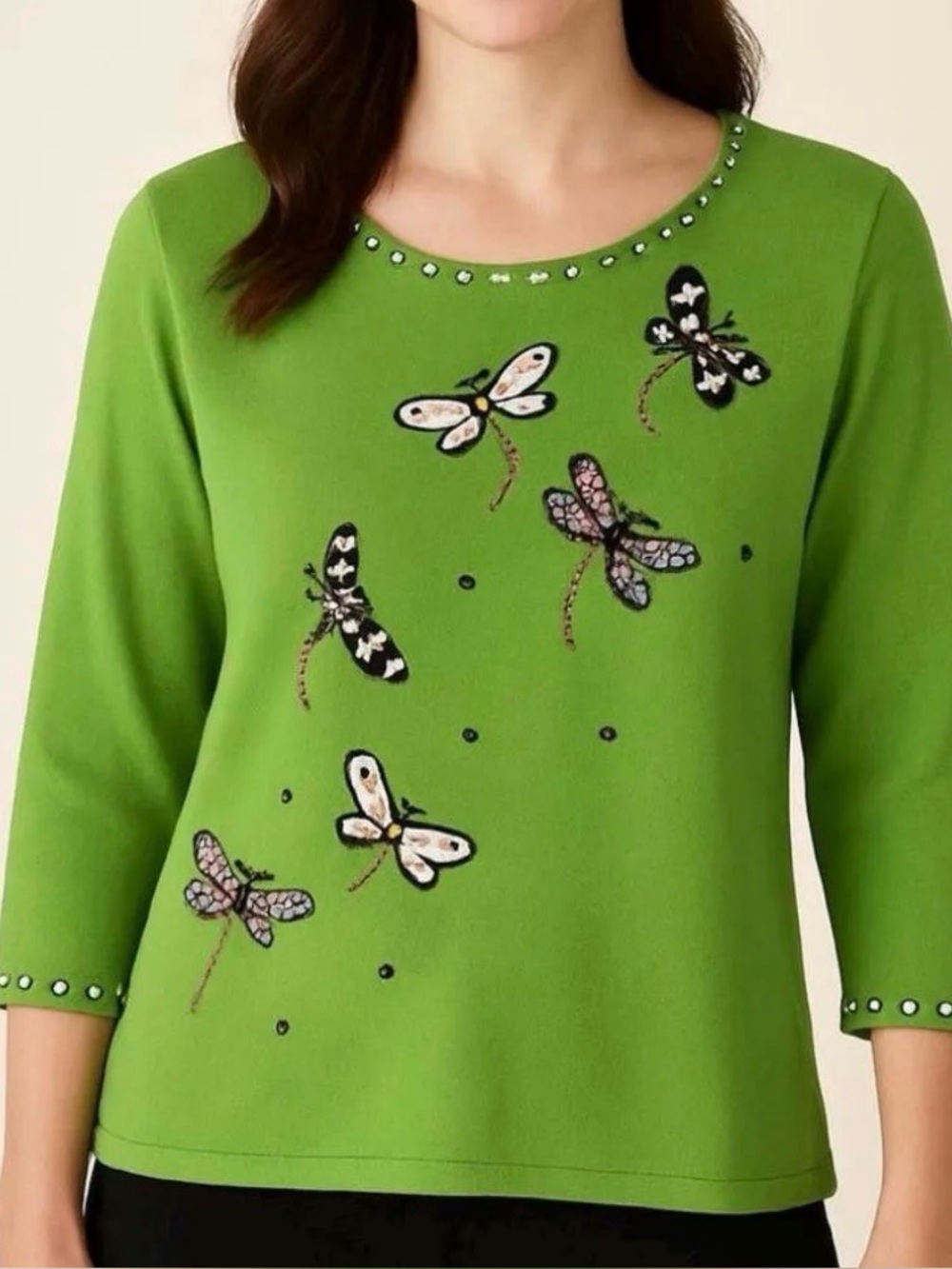 Vintage Design Options Green Dragonfly Embellished Sweater XL